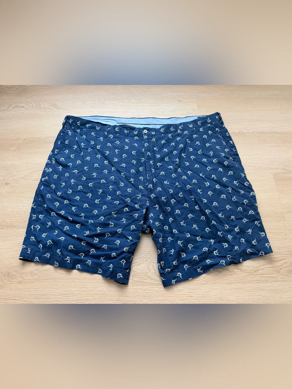 Polo Ralph Lauren Shorts Mens 48 Navy Marlin Print Linen Blend Classic Fit